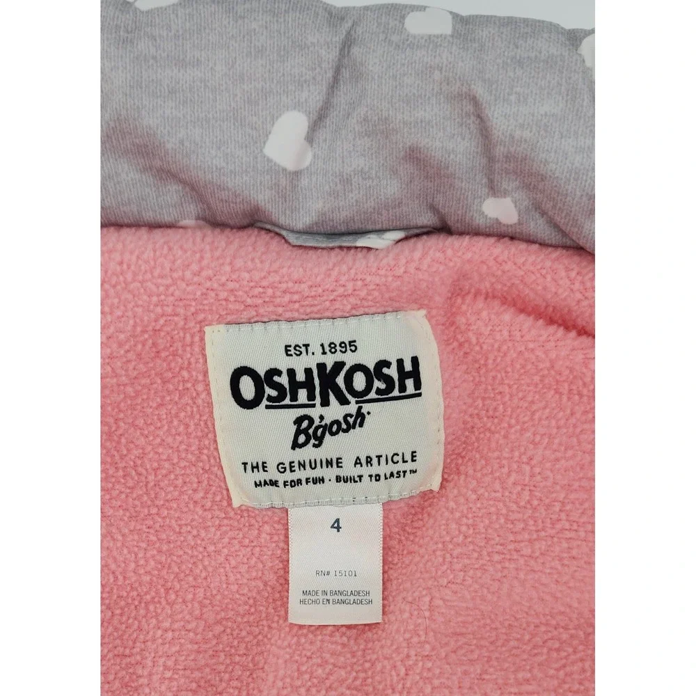 OshKosh Bgosh Girls Gray Heart Puffer Vest Pink Fleece Lined Size 4